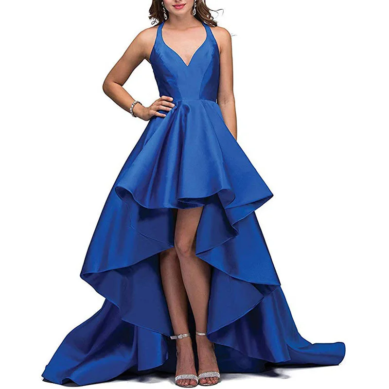 

Customized 2024 V- Neck Royal Blue Women's Straps Backless Long Evening Prom Dresses High Low Formal Gowns Vestidos de Festa