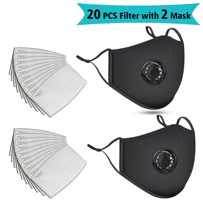 20 pz filtro moda lavabile riutilizzabile maschera Anti inquinamento bocca respiratore maschere antipolvere cotone Unisex bocca muffola nero PM043