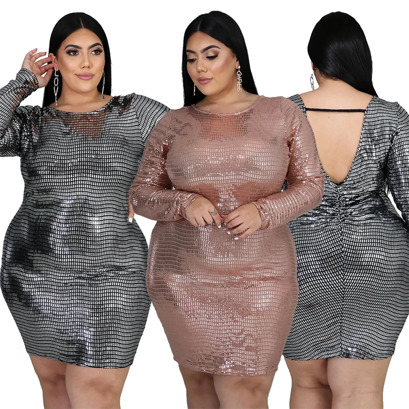 Women\'s Dress 5xl Sexy Round Collar Long Sleeve Sequins Elegant Fashion High Waist Plus Size Dresses Wholesale Dropshipping