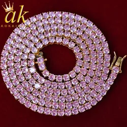 Aokaishen Choker Men Necklace Pink Cubic Zircon Tennis Chain Hip Hop Jewelry Free Shipping Items 2021 Trend