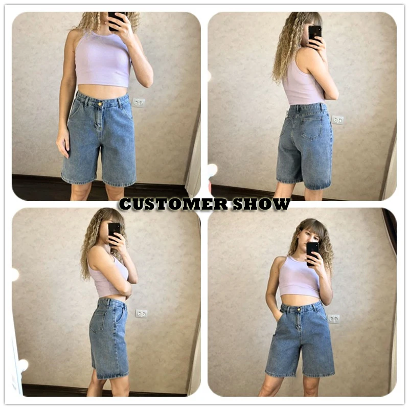 Female Loose Straight Button Jeans Bermuda Shorts Summer Women High Waist Wide Leg Black Denim Shorts Casual