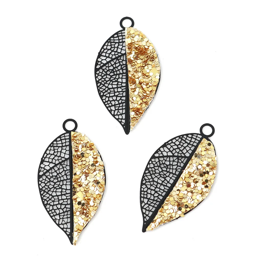 DoreenBeads Copper Pendants Leaf Black Multicolor Glitter Sequins Jewelry Accessories 37mm(1 4/8