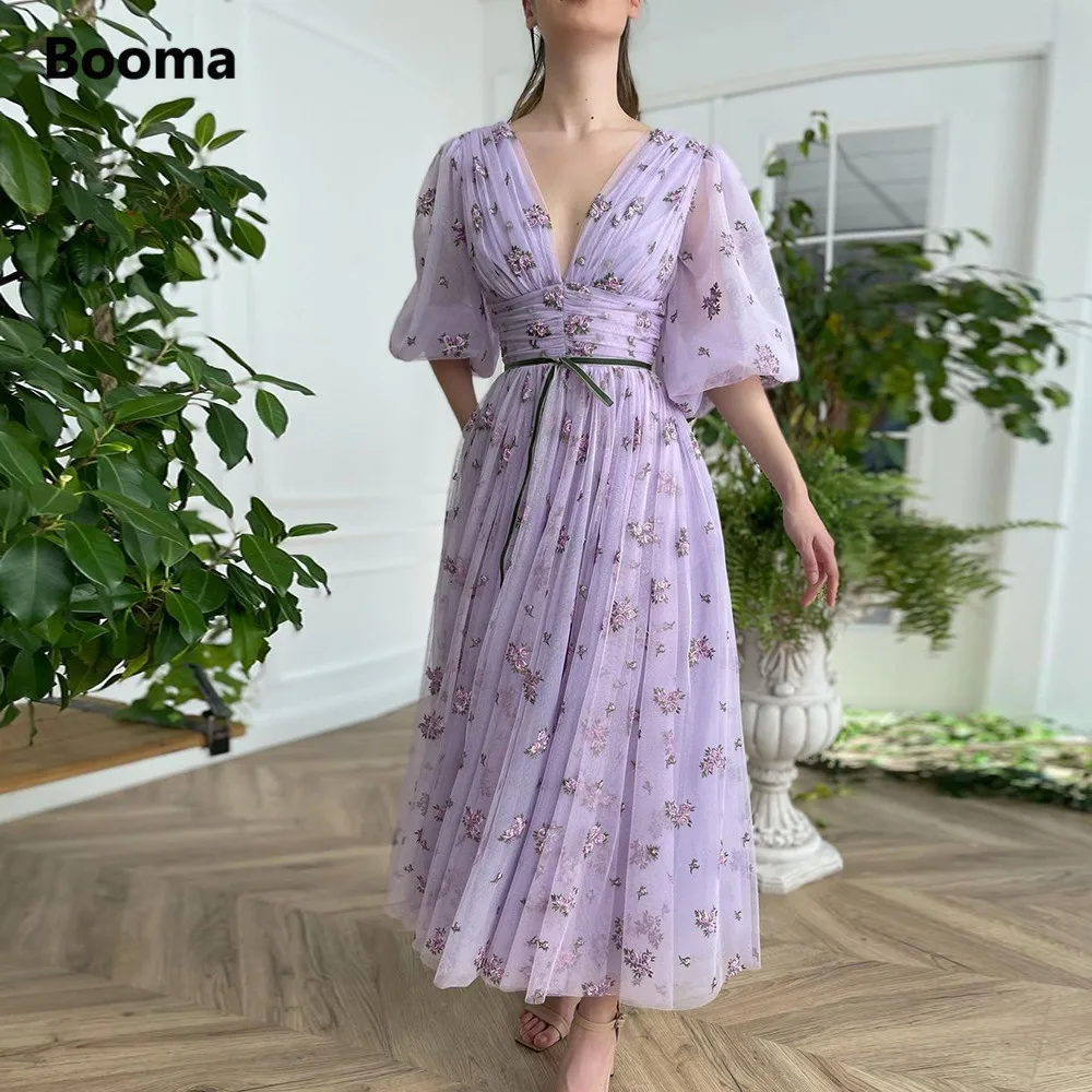 Booma Lavendel Kelderen V-hals Tulle Midi Prom Jurken Half Puff Mouwen Borduren Kant Thee-Lengte A-lijn Wedding Party Jurken