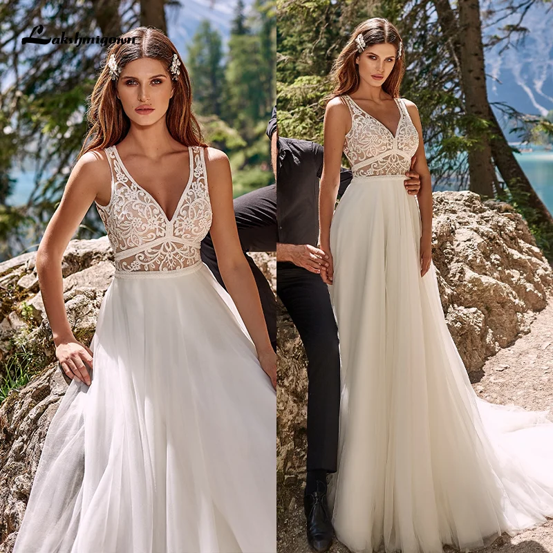 Lakshmigown Böhmischen Spitze Hochzeit Kleid 2021 Elegante V-ausschnitt Strand Boho Brautkleider Nach Maß vestido de novia Sleeveless