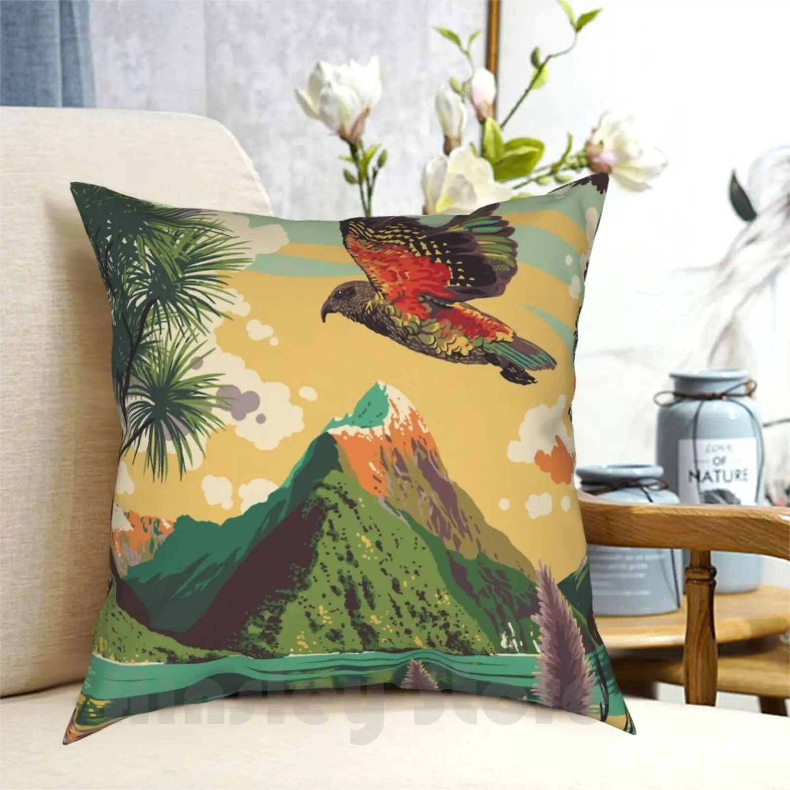 

Sound Pillow Case Printed Home Soft DIY Pillow cover Kea Nz New Zealand Sound Fiordland Vintage Travel Screenprint Colour