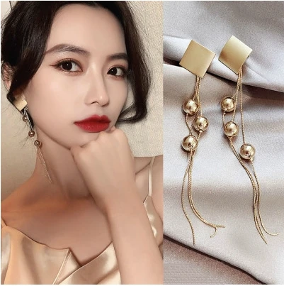 Korean High Sense 2019 New Tide Long Tassel Bead Temperament Earrings Female Personality Temperament Section Creative Earrings