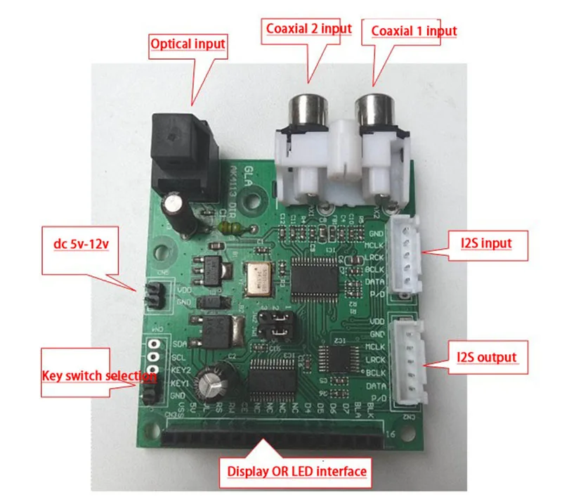 AK4113 SPDIF fiber/coaxial / I2S input to I2S output digital Receiver Board soft control 32K~192K sampling rate display LCD OLED