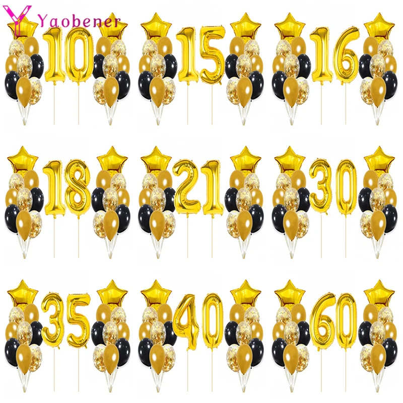 22pcs Black Gold Number Foil Latex Balloons Happy Birthday Party Decorations Adult Kids 10 15 16 18 25 30 35 40 50 60 Years Old