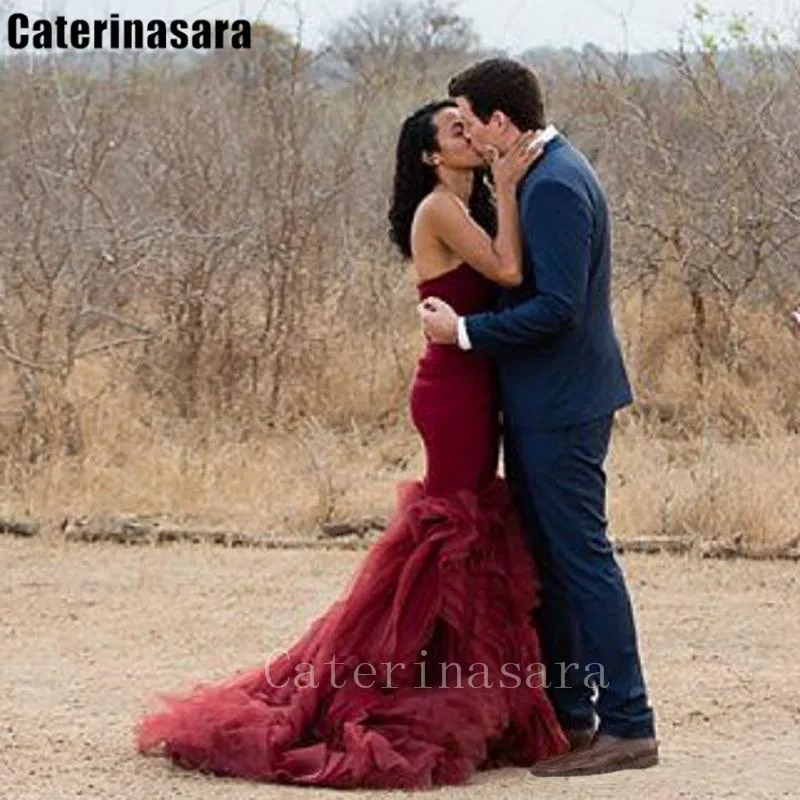 Vestido de novia sirena de Organza con volantes burdeos, elegante vestido de fiesta de boda con cremallera lateral, hecho a medida