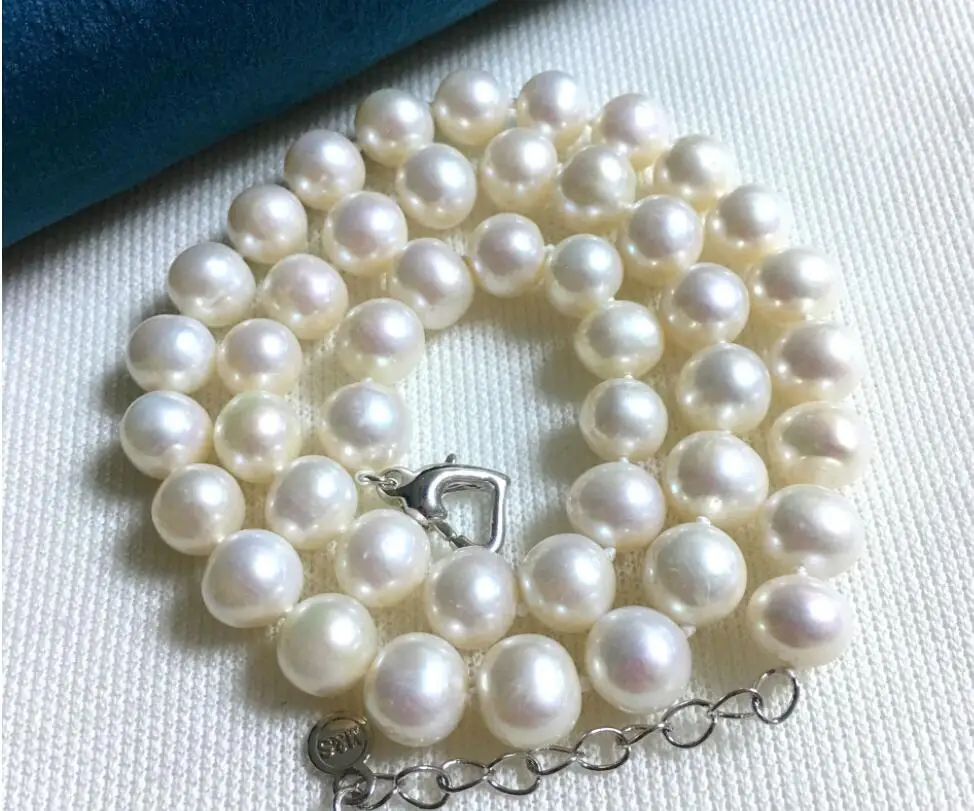 

9x10mm white round pearl necklace heart clasp extend chain natural Freshwater PEARL Women Jewelry 14'' 17'' 35cm 43cm