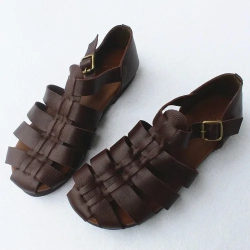 Careaymade-Summer first layer cowhide knitting retro Japanese flat soft bottom sandals original single goods leather sandals