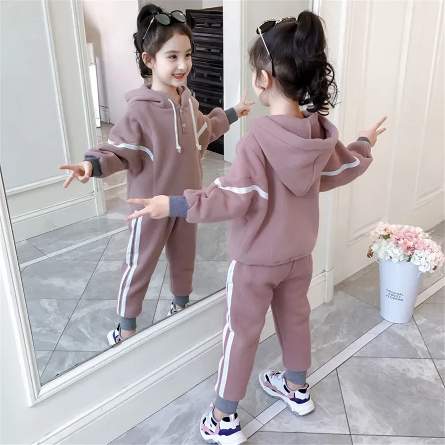 2024 autumn teenager winter kids baby Girls Tracksuit striped thick hoodied tops + sport pants Child 4 5 6 7 8 9 10 11 12 years