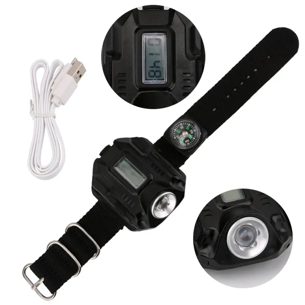 Black Wrist Light compass camping Watch Rechargeable Variable Output LED High-strength watch fishing hiking flashlight