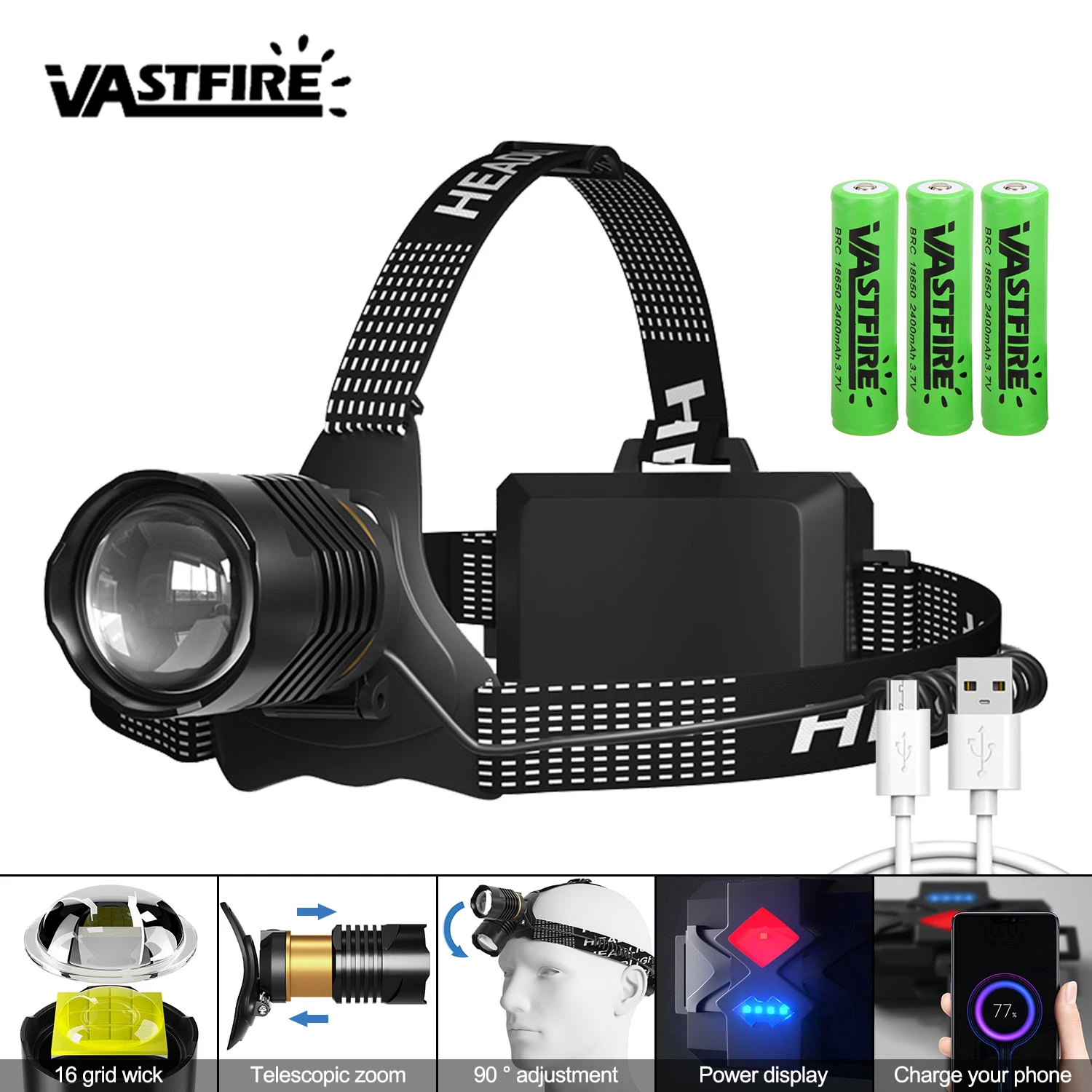 20W Zoomable XHP160 Headlamp USB Charging Head Light Torch 3 Mode Zoom Flashlight Power Display Night Fishing Head Lamp 18650