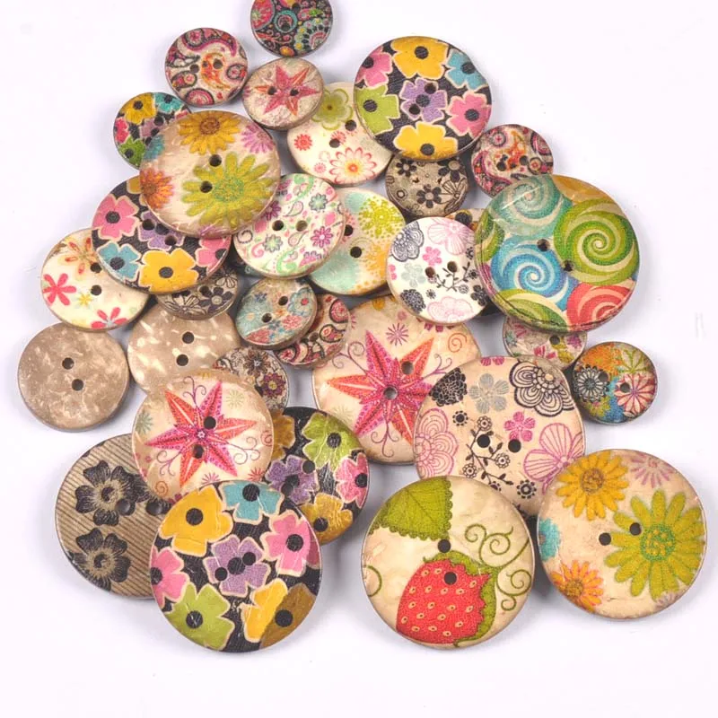 30Pcs Mixed pattern Printing coconut husk Buttons Sewing Accessories DIY Clothes Handmade Scrapbooking Home Decor 2Holes m2641