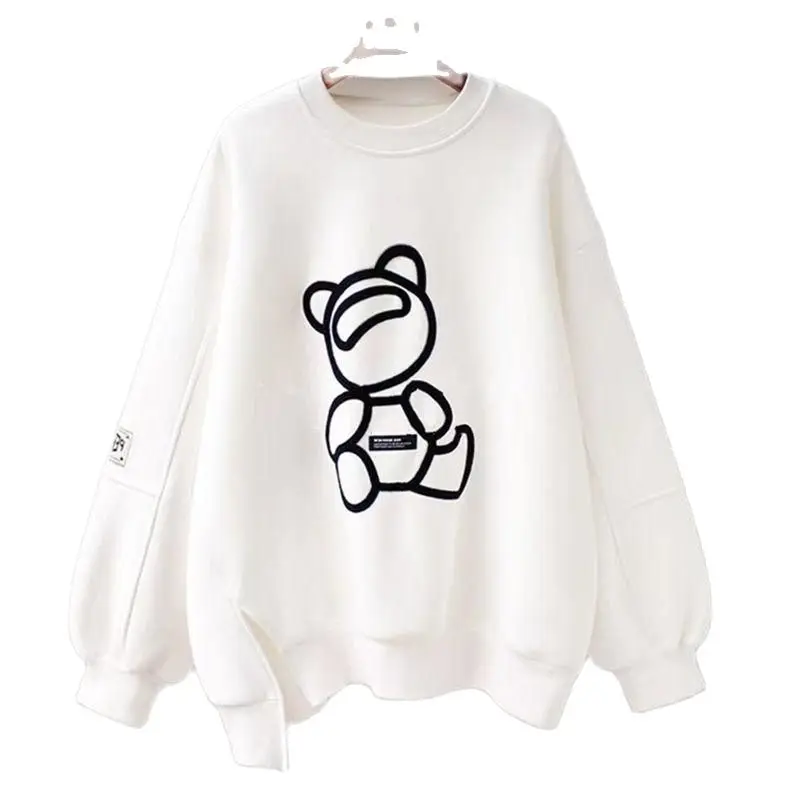 Women Hoodies Korean Kawaii Cartoon Print Female Sweatshirts O Neck Long Sleeve Thick Outwear Oversize Casual Pullovers Top