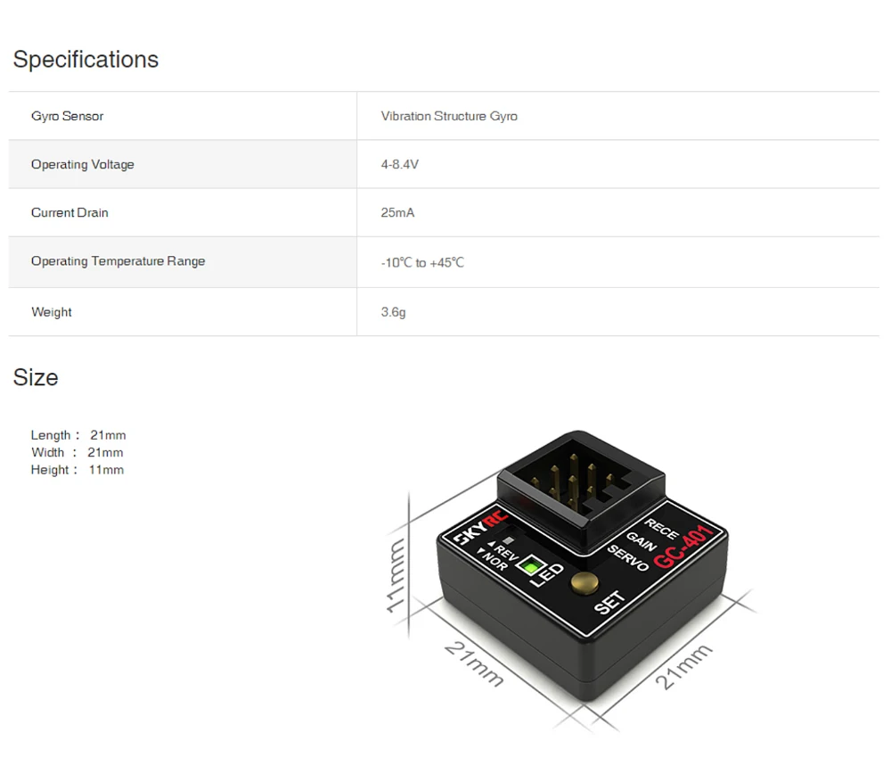 SKYRC Gyro Sensor GC301 GC401 4-8.4V Mini Gyro Sensor Gyroscope for RC Car Steering Output Corrective Integrat Compact SK-600068