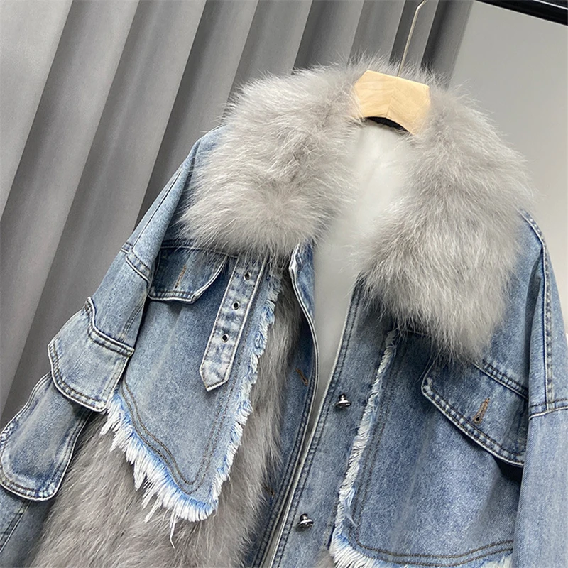 2023 Winter New Patchwork Fur Denim Parka for Women Fashion Chic Genuine Raccoon Fur Coat Lady Short Furry Jacket High Quality