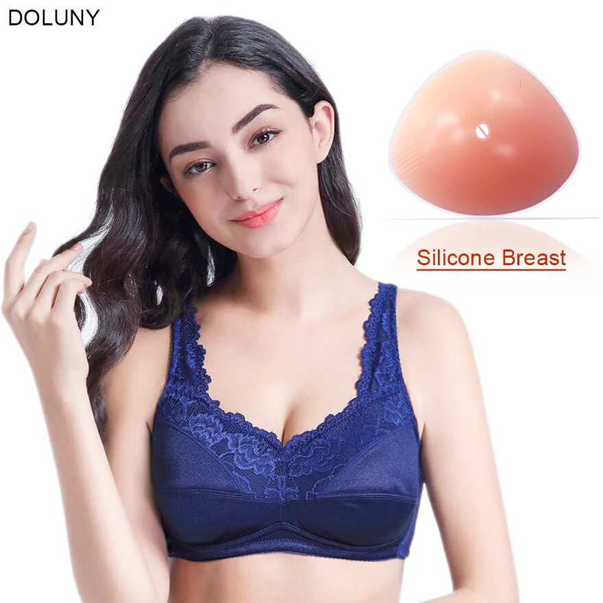 

Silicone Breast and Blue Mastectomy Bra has Pocket to insert the Triangle Fake Breast Forms Boobs Prosthesis D30