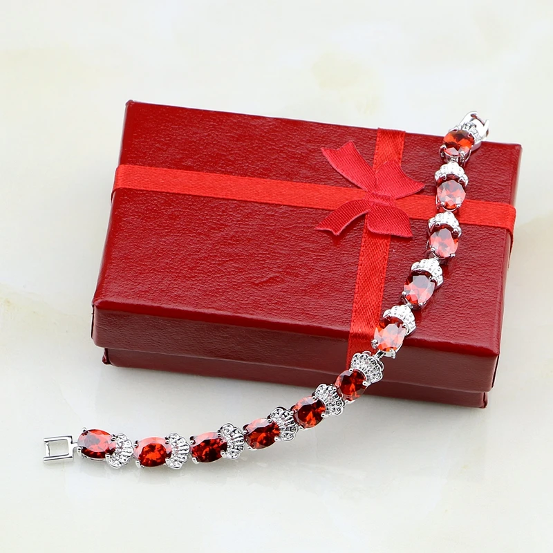 Punk Oval Shield Shaped Red Garnet Rhinestone 925 Sterling Silver Chain Link Bracelet Charm Vintage For Women Christmas Gift