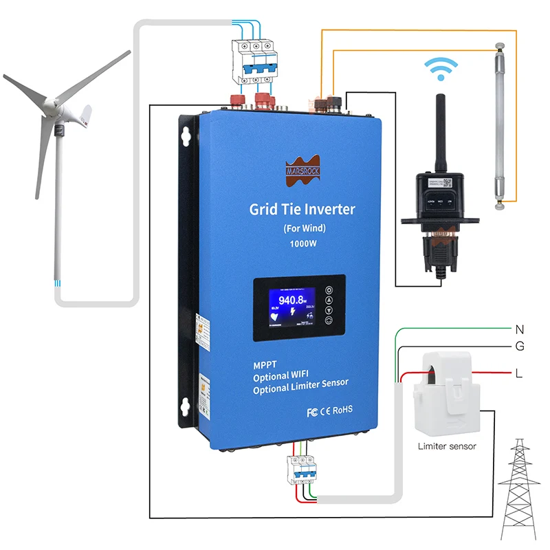 1000W 24V 48V Wind On Grid Tie Inverter with Limiter Wind Turbine Generator WiFi Monitor Battery Discharge DC22-90V to AC95-265V