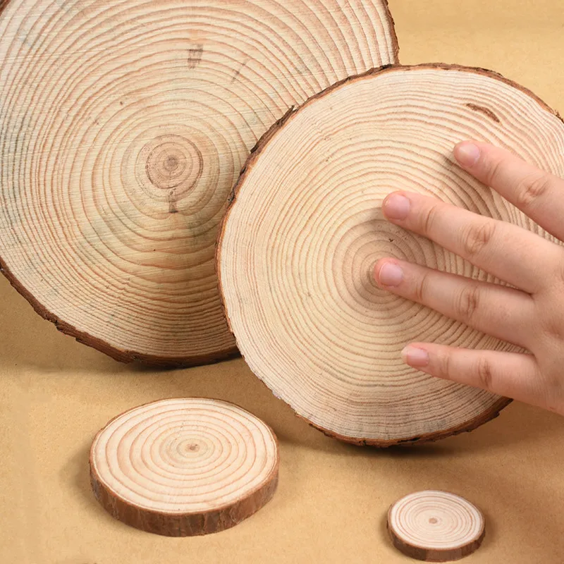 Tranches de bois rondes enrichies naturelles avec écorce d\'arbre, disques de bûches, bricolage, peinture de fête de Noël, 2-16cm, épaisseur 0.5-1.5