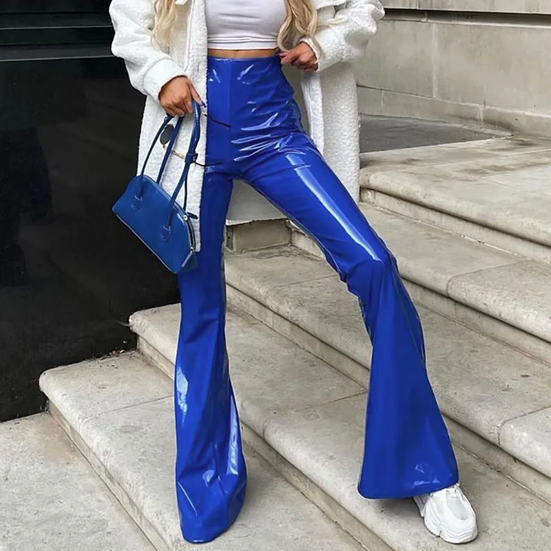 Fall Streetwear Women PU Faux Leather Pants High Waist Blue Flare Pants Leather Leggings Skinny Trousers Women 2021