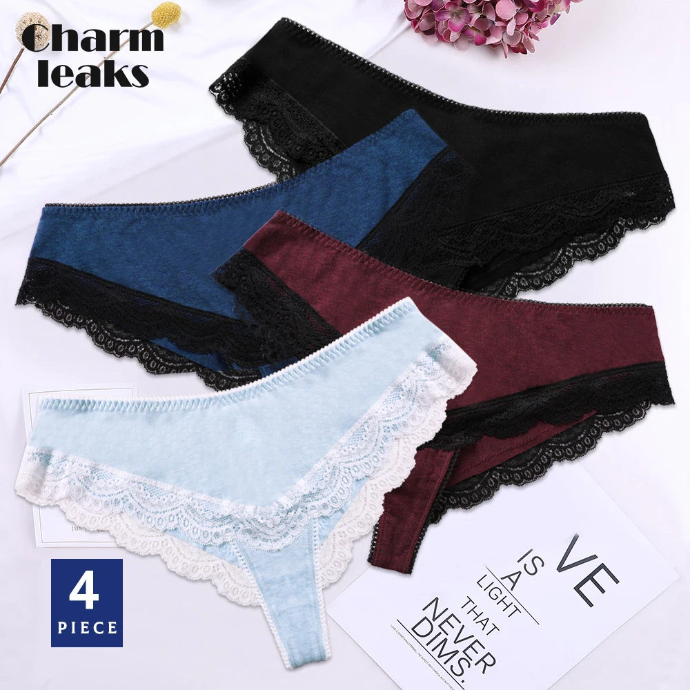 

Charmleaks Women's Thong Lace Underwear Sexy Panties V String Panties Tanga Briefs Cotton 4 Pack Hot Sale Bottom Underwear