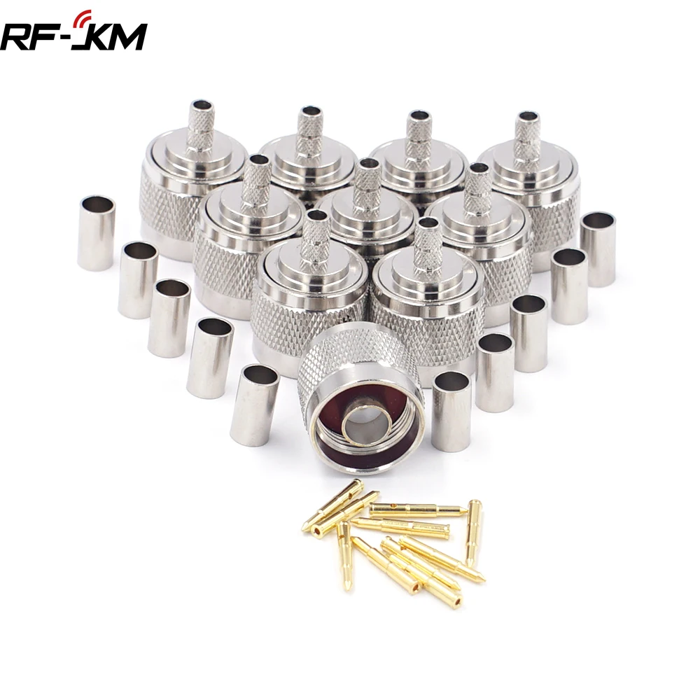 Conector Coaxial de engarce de enchufe macho tipo N para Cable RG58, LMR195, RG400, RG142, LMR200, 10 unidades por lote