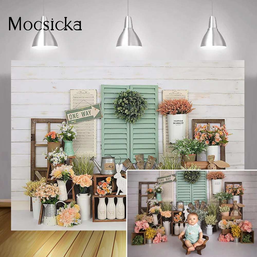 خلفية تصوير لسوق زهور الربيع، خلفية زهرية على شكل أرنب عيد الفصح، خلفية صورة للأطفال، لوحة خشبية من العشب الأخضر للتصوير الفوتوغرافي