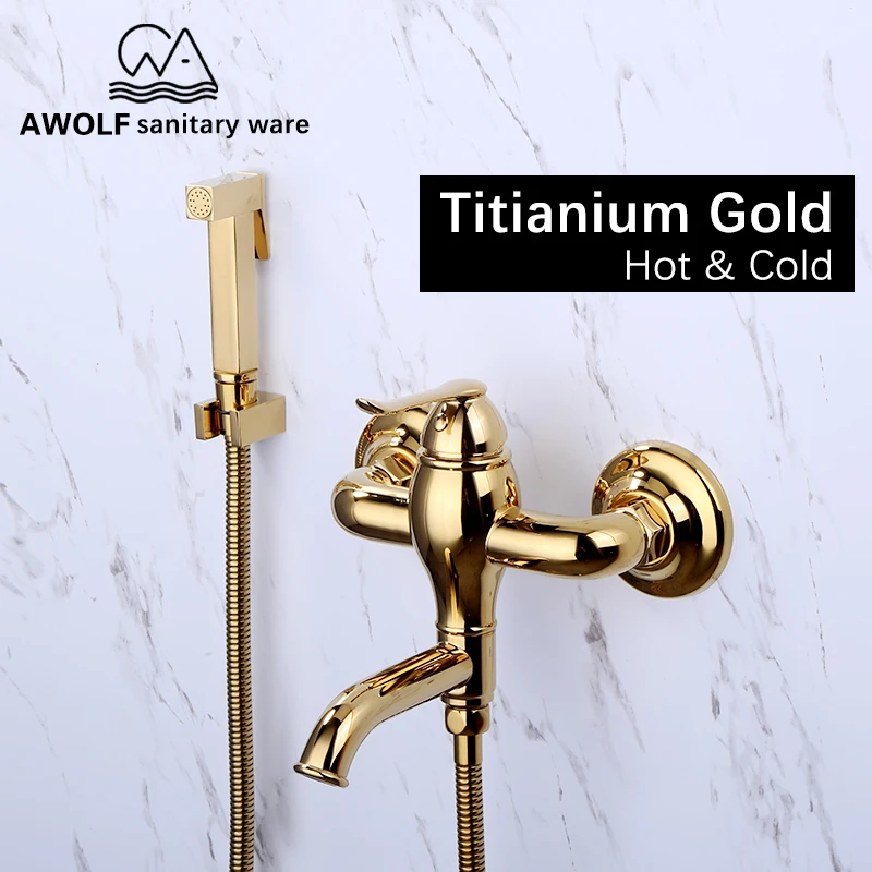 Hand Held Toilet Bidet Sprayer Hot And Cold Douche Kit Shiny Gold Solid Brass Shattaf Washing Mixer Faucet Shower Set AP2191