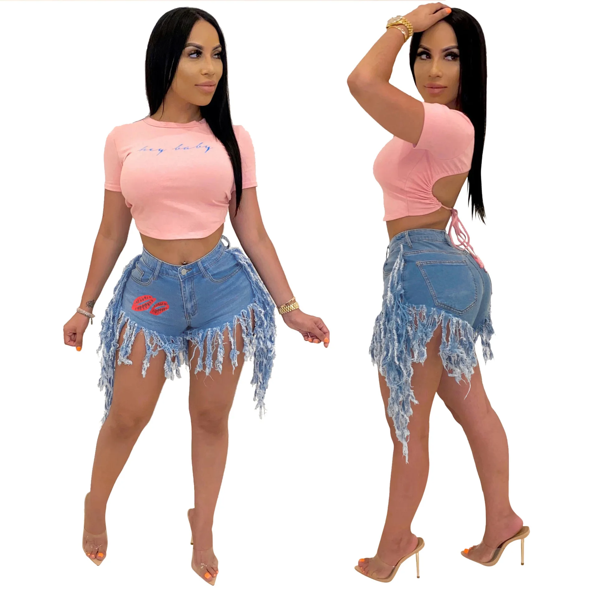 

2021 New Women Sexy Tassel Fringe Embroidered Lips Stretch Denim High Waist Short Jeans