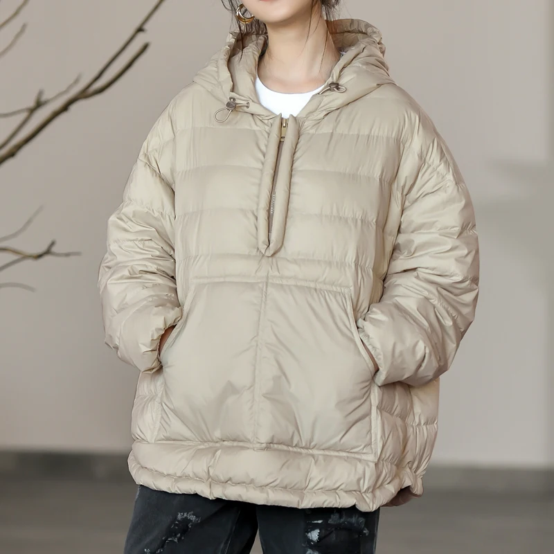 2024Women Winter New Style Hooded Pullover Sweatshirt Light Down Jacket Women Loose White Duck Down Casual Fashion Down Jacket