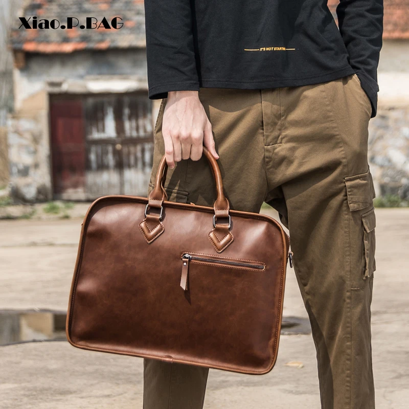 Men Vintage Briefcase handbag Crazy Horse Pu Leather 13inch Big Laptop Bags Business  Brown Messenger Shoulder Bag Man