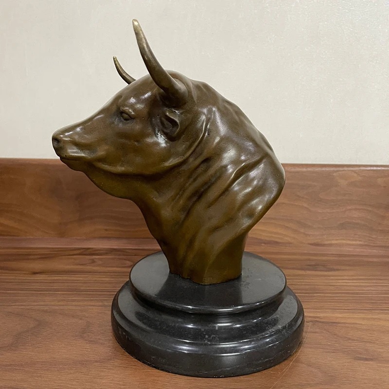 Pure Bronze Bull Head Statue on Marble Base Bronze Bull Bust Sculpture Vintage Bull Ox Head Bust Statue Western Art Decoration