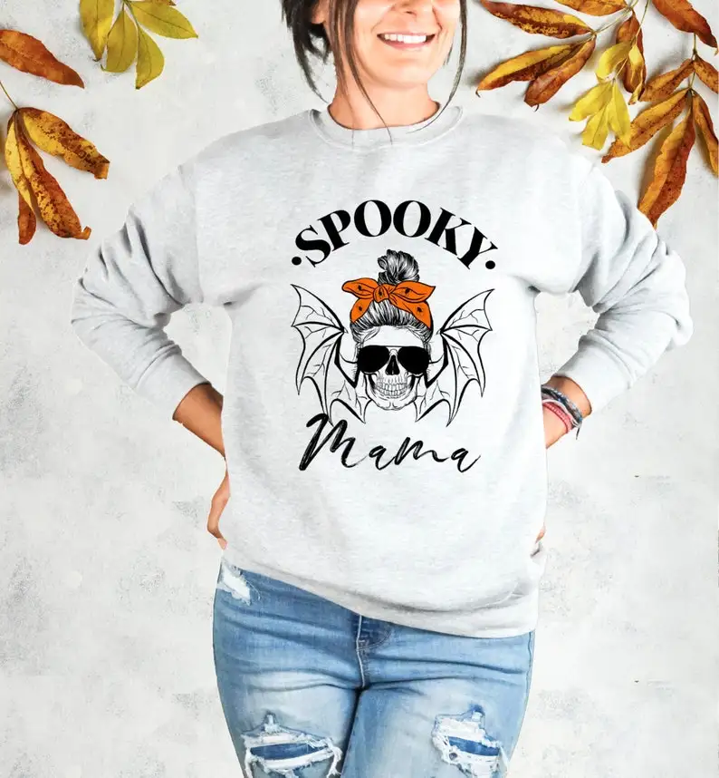 Halloween Sweater, Spooky Mama Sweatshirt, Women's Sweatshirt, Trick Or Treat Fall Comfortable Autumn Loose Cotton Solid Warm