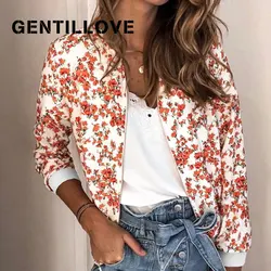 Gentillove-Jaqueta bomber casual estampada floral, casaco elegante com zíper, jaquetas de escritório finas, outwear vintage, outono, 2022