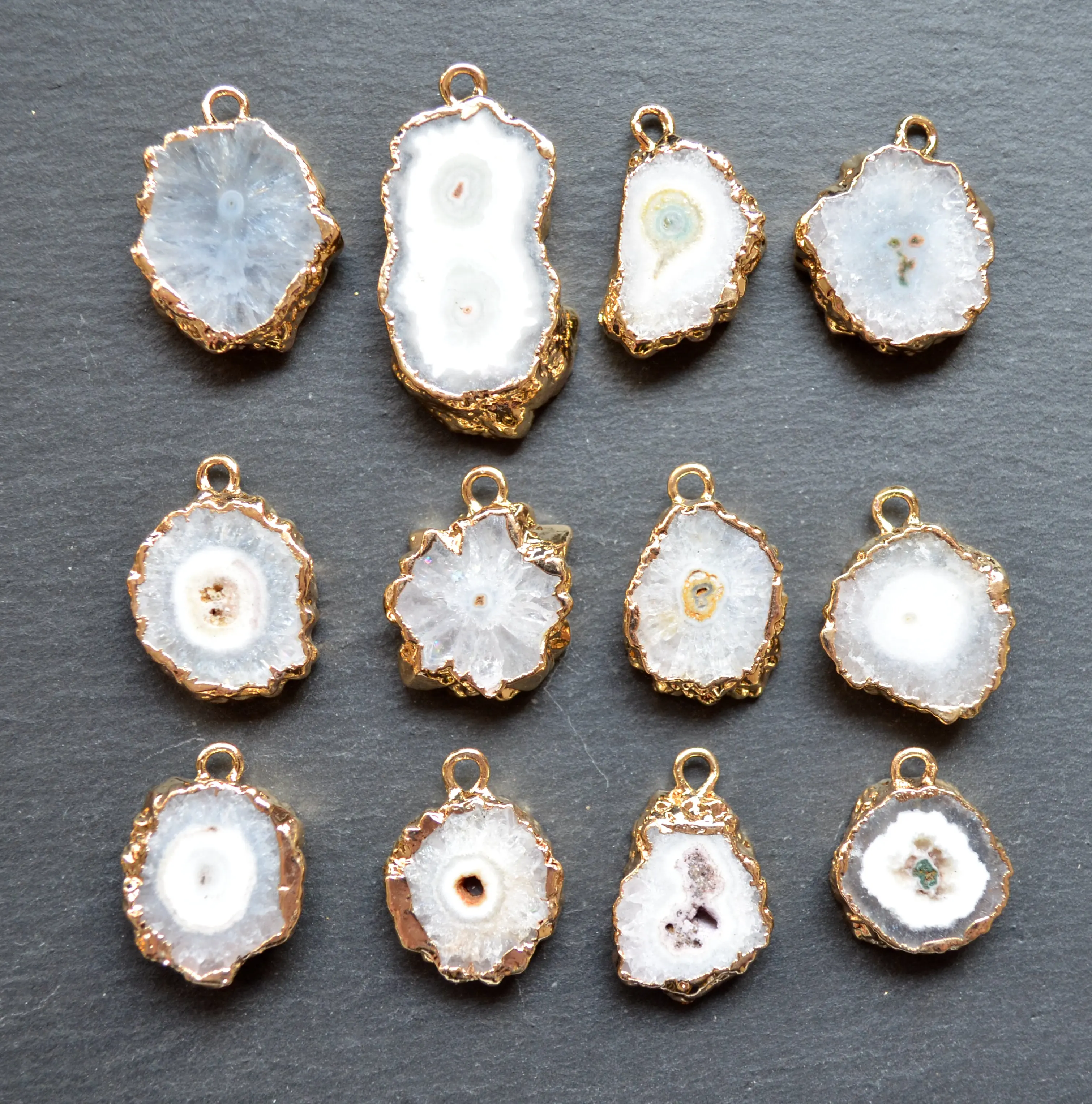 Mini White stalactite solar druzy slice pendant , white agates quartz pendants