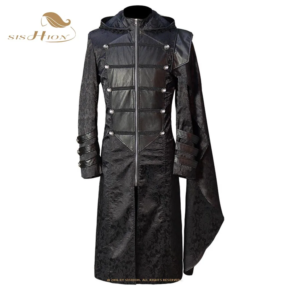 

New Mens Trench Coat Leather Hooded Medieval Gothic Renaissance Punk Long Sleeves Jackets Retro Uniform Black VD2485