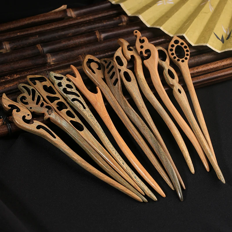 Hairpins Natural Green Sandalwood Women Girls Hair Sticks Chopstick Shaped Hair Clips Pins Antiquity Hair Jewelry Accessories