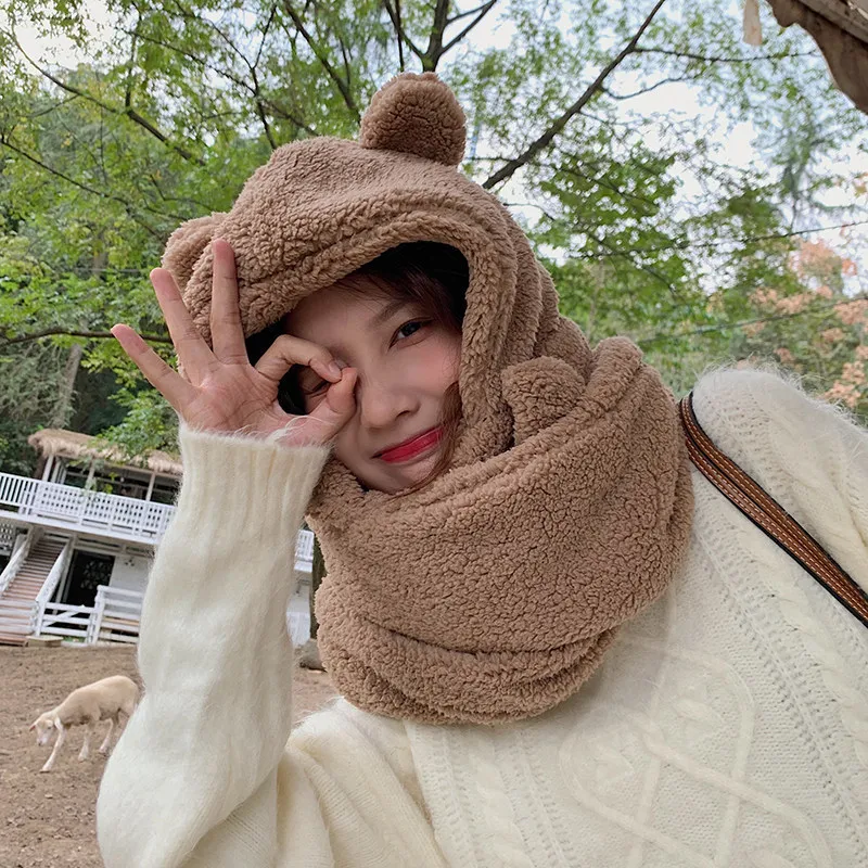 New Cute Bear Ear Scarf Bandana Hat Gloves Female One-piece Cap Winter Warm Plush Shield Streetwear Generation