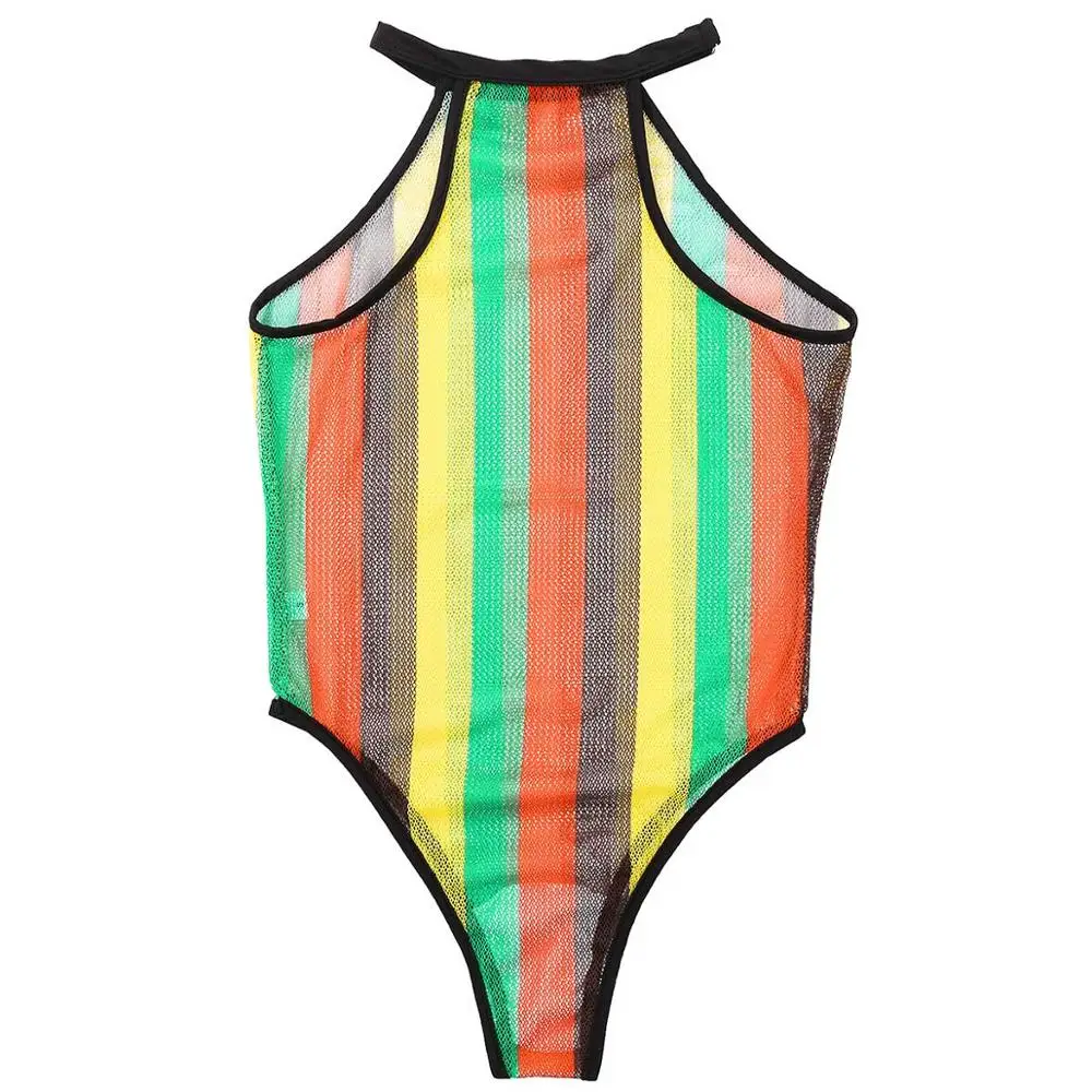 Womens Swimsuits Rave Rainbow Striped Fishnet Swimwear Bikini See Through Mesh Bodysuit Beachwear Dance Festivals Bathing Suit