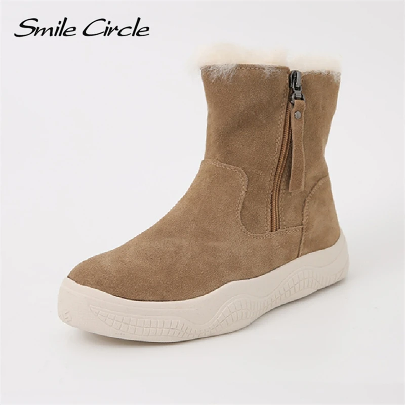 Smile Circle Suede Leather Ankle Boots Women Natural fur Warm Snow Boots Zipper Easy to wear Flat Boots Winter Ladies Shoes