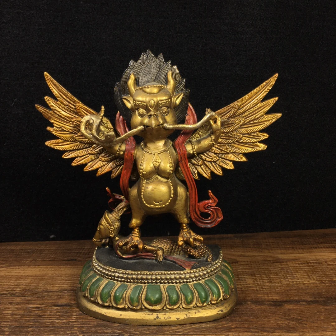 

7"Tibetan Temple Collection Old Bronze Painted Garuda Dhwaja Supanna Buddhism protector Worship Hall Town House Exorcism