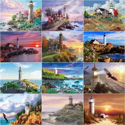 CHENISTORY Diamond Embroidery Cross Stitch Lighthouse Diamond Painting 5D Diamond Mosaic Seascape Full Square Home Decor