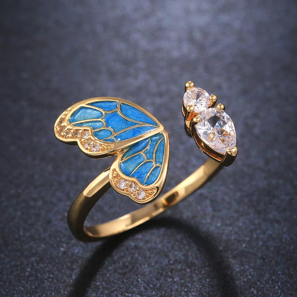 Huitan New Trendy Gold Color Butterfly Female Adjustable Opening Rings Wedding Anniversary Birthday Gift Fashion Women Jewelry