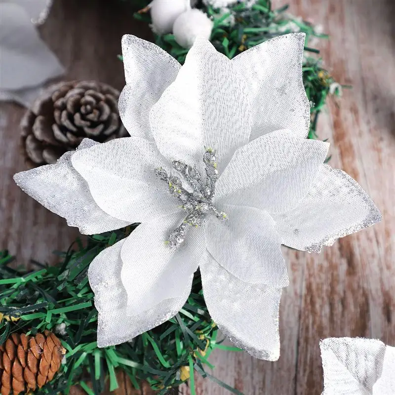 STOBOK – fausses fleurs de noël, 24 pièces, en poudre d'or, pour décorer un arbre de noël, en argent