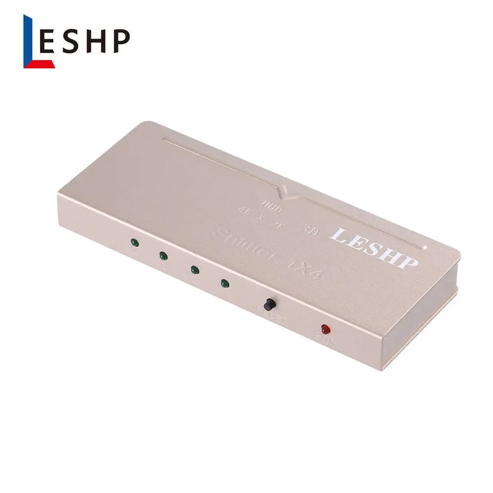 

Черный разветвитель LESHP HDMI совместимый с 1,4 в распределитель Divisor 1X4 поддерживает разрешение 3D и 4kX2k с адаптером питания