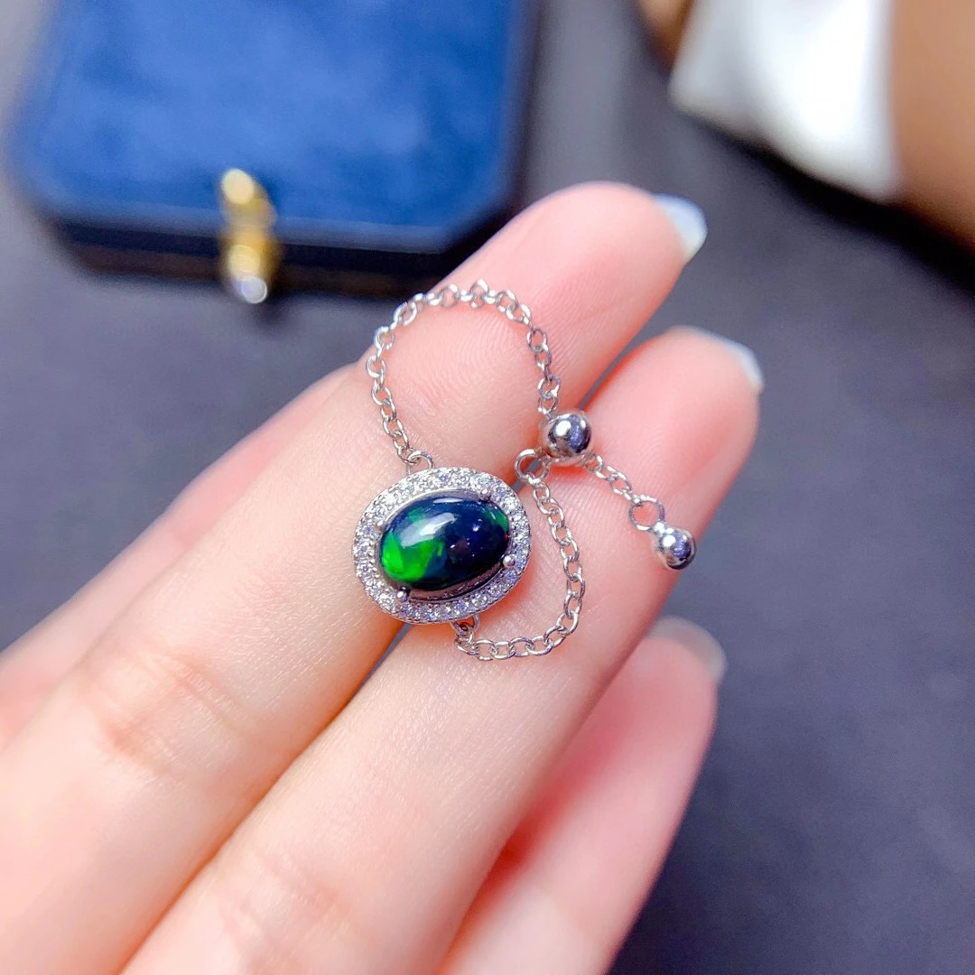 Newest Design Natural Black Opal Ring With Chain without Band Real 925 Silver Black Color Gemstone Fire Secret Birthstone