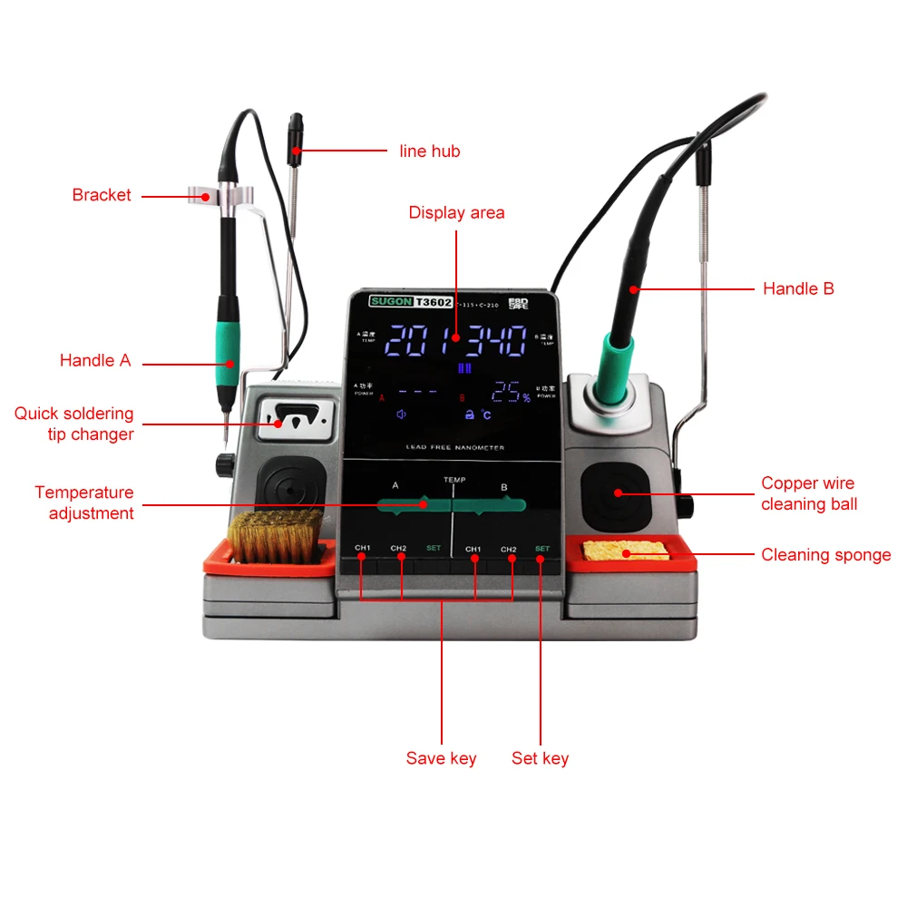 SUGON-Station de soudage T3602, 115, 210 pointes, double station de expédide soudage pour téléphone portable, PCB, SMD, IC, réparation, outil de